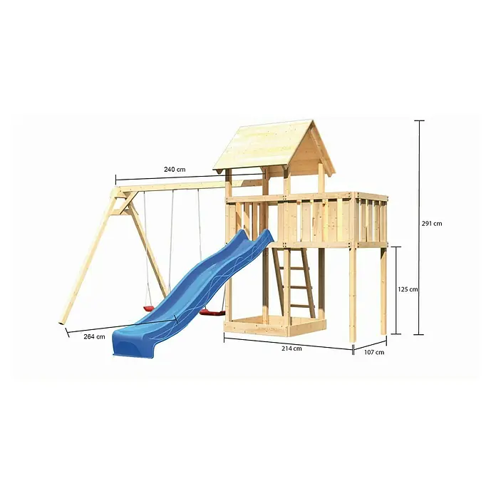 Karibu Kinderspielturm Lotti Set 27 - L x B x H: 264 x 454 x 291 cm, Natur/Blau - Abbildung eines Spielturms aus Holz mit Rutsche und Schaukel mit Größenangaben in Zentimetern. Gesamtkonstruktion für vielseitigen Spielspaß.