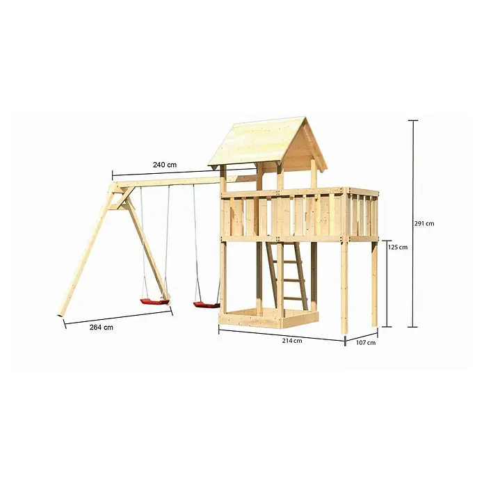Karibu Kinderspielturm Lotti Set 19 - L x B x H: 264 x 454 x 291 cm, Natur - Abbildung eines Spielturms aus Holz mit Schaukel, Leiter und kleinem Häuschen, versehen mit Maßangaben für Länge, Höhe und Breite.