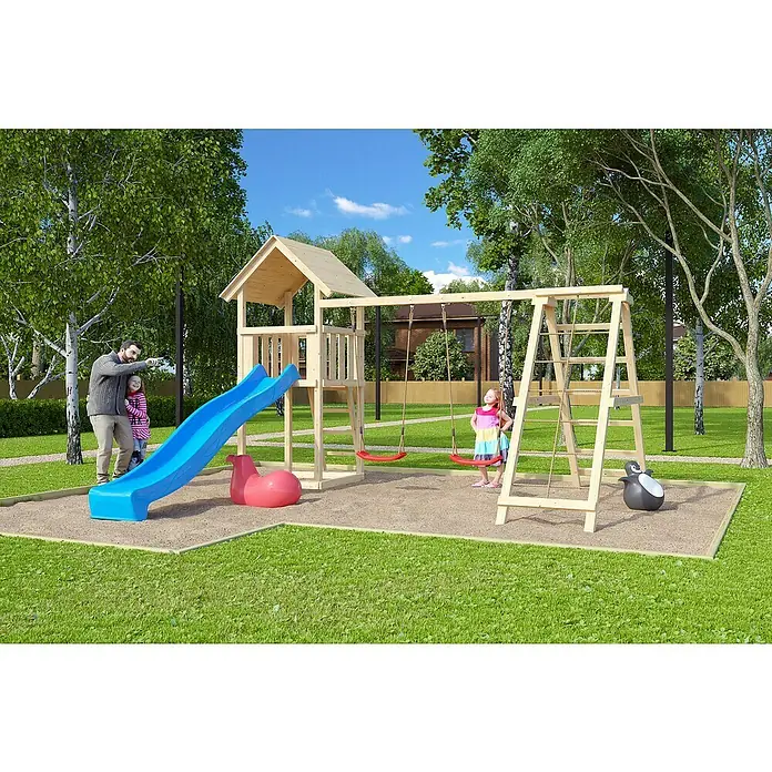 Karibu Kinderspielturm Lotti Set 11 - L x B x H: 264 x 415 x 291 cm, Natur/Blau - Einladender Kinderspielplatz mit Rutsche, Schaukeln und Klettergerüst, ideal für fantasievolles Spielen im Freien und aktive Erholung in der Natur.