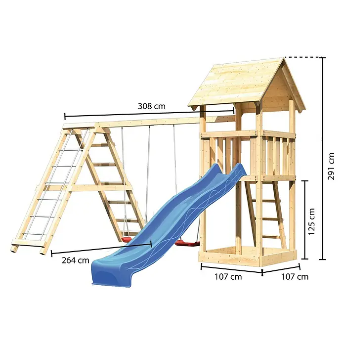 Karibu Kinderspielturm Lotti Set 11 - L x B x H: 264 x 415 x 291 cm, Natur/Blau - Abbildung eines Spielturms mit Schaukel, Rutsche und Klettergerüst, der Spaß und Bewegung im Garten verspricht.