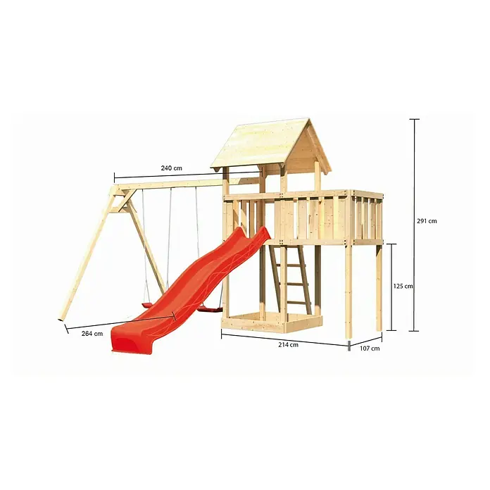 Karibu Kinderspielturm Lotti Set 28 - L x B x H: 264 x 454 x 291 cm, Natur/Rot - Ein geräumiges Holzspielhaus mit Schaukel und Rutsche, ideal für stundenlangen Spaß im Garten. Abmessungen sind angegeben.