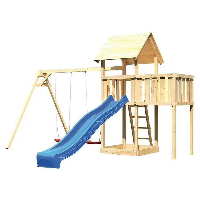 Karibu Kinderspielturm Lotti Set 27 - L x B x H: 264 x 454 x 291 cm, Natur/Blau - Holzspielplatz mit Schaukel, Rutsche und Spielhaus für Kinder zum Spielen im Freien. Perfekt für den Garten oder den Spielplatz.