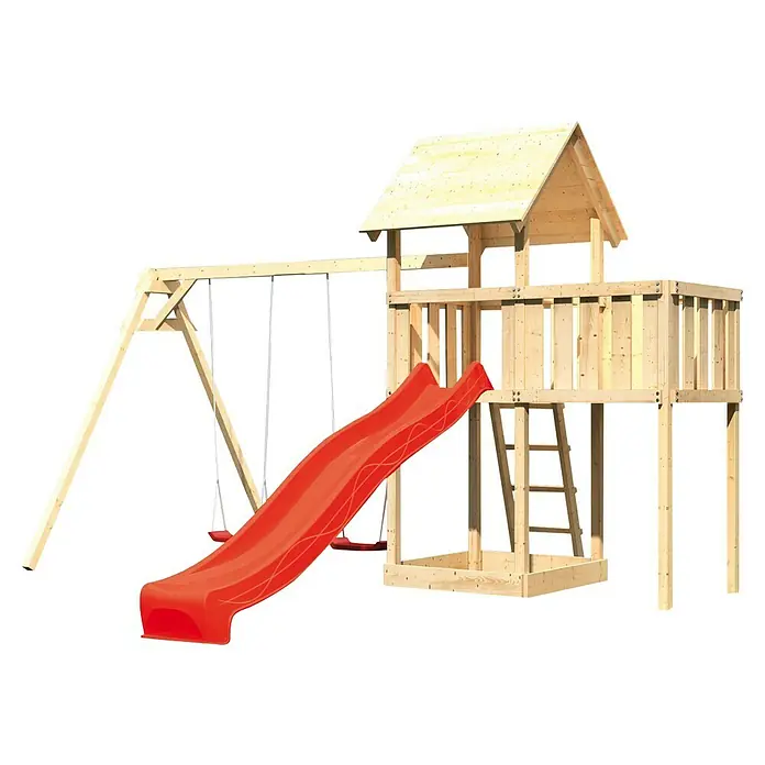Karibu Kinderspielturm Lotti Set 28 - L x B x H: 264 x 454 x 291 cm, Natur/Rot - Ein hölzernes Spielhaus mit Rutsche und Schaukel für Kinder, ideal für den Garten. Fördert die Aktivität und den Spaß im Freien.