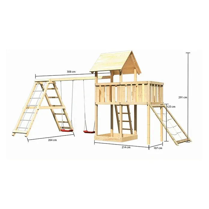 Karibu Kinderspielturm Lotti Set 44 - L x B x H: 264 x 522 x 291 cm, Natur - Abbildung eines hölzernen Kinderspielhauses mit Schaukel und Klettergerüst, das zum Spielen im Garten einlädt.