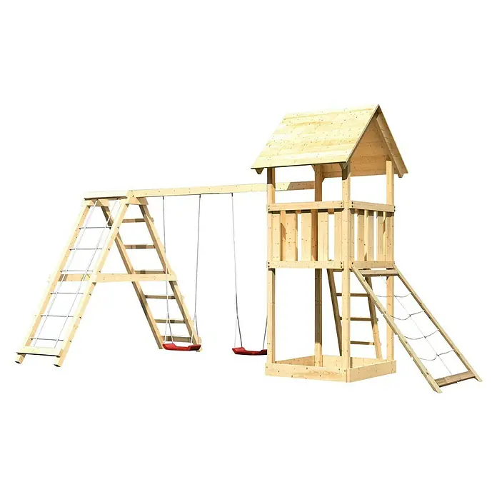 Karibu Kinderspielturm Lotti Set 22 - L x B x H: 264 x 415 x 291 cm, Natur - Holzspielplatz mit Schaukeln, Kletterwand und Turm mit Dach. Ideal für stundenlangen Spielspaß im Garten. Tolles Spielgerät!