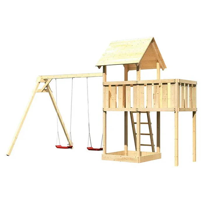 Karibu Kinderspielturm Lotti Set 19 - L x B x H: 264 x 454 x 291 cm, Natur - Bild eines Holzspielplatzes mit Schaukeln, Turm und Leiter, ideal für Kinder zum Spielen und Spaß haben im Freien.