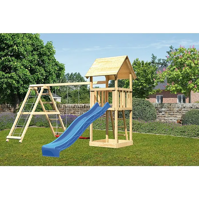 Karibu Kinderspielturm Lotti Set 11 - L x B x H: 264 x 415 x 291 cm, Natur/Blau - Abenteuerlicher Spielplatz mit Turm, Rutsche und Schaukel für Kinder zum Austoben im eigenen Garten.