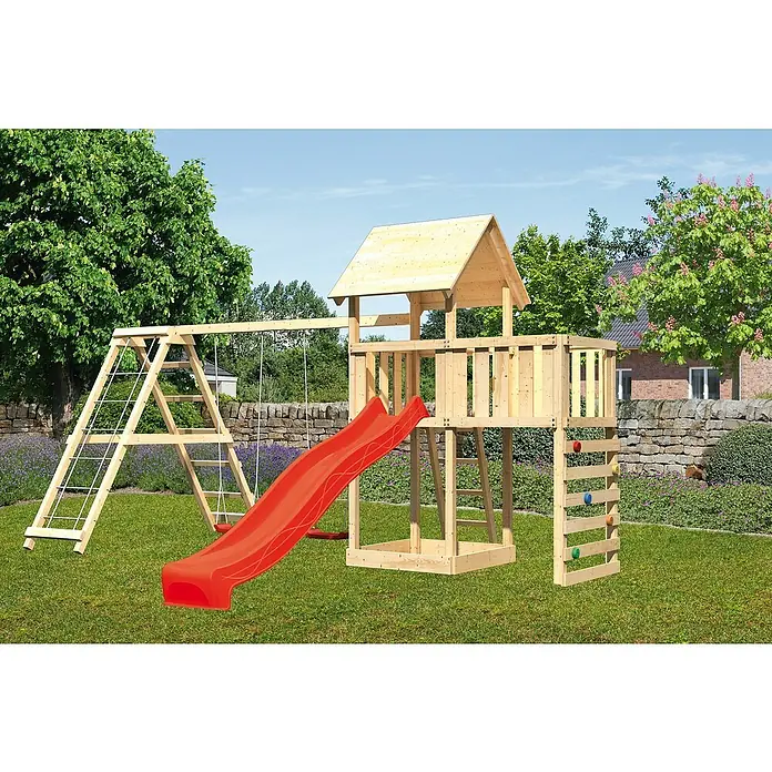Karibu Kinderspielturm Lotti Set 54 - L x B x H: 264 x 522 x 291 cm, Natur/Rot - Kinderspielplatz mit Turm, Rutsche, Schaukel und Kletterwand für den Garten.