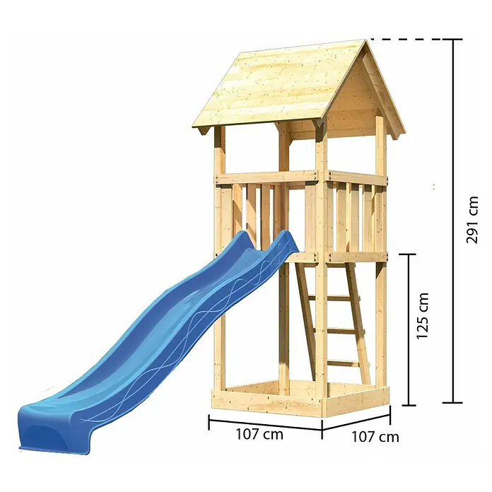 Karibu Kinderspielturm Lotti Set 2 - L x B x H: 107 x 107 x 291 cm, Natur/Blau - Spielturm mit blauer Rutsche und den Maßen 107 x 107 x 291 cm, ideal für den Garten.
