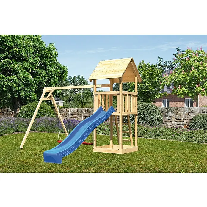 Karibu Kinderspielturm Lotti Set 9 - L x B x H: 264 x 347 x 291 cm, Natur/Blau - Holzspielturm mit blauer Rutsche und Schaukel für Kinder im Garten.