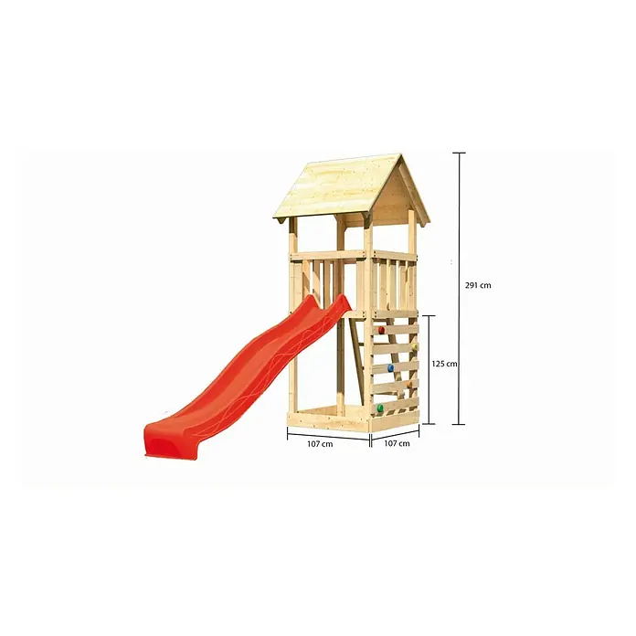 Karibu Kinderspielturm Lotti Set 18 - L x B x H: 107 x 107 x 291 cm, Natur/Rot - Abbildung eines hölzernen Spielturms mit roter Rutsche, ideal für Kinder zum Spielen im Garten, mit Maßangaben.