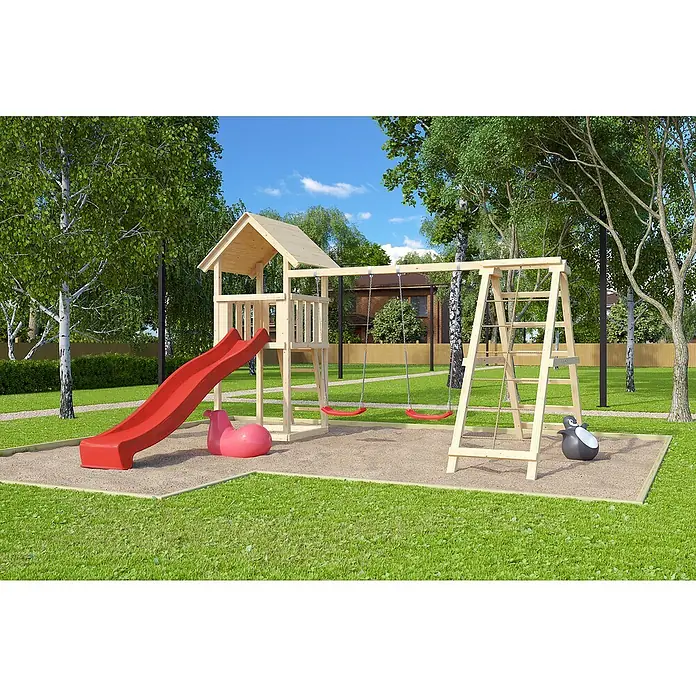 Karibu Kinderspielturm Lotti Set 12 - L x B x H: 264 x 415 x 291 cm, Natur/Rot - Spielplatz im Freien mit Rutsche, Schaukeln und Klettergerüst für Kinder zum Spielen und Spaß haben an der frischen Luft.