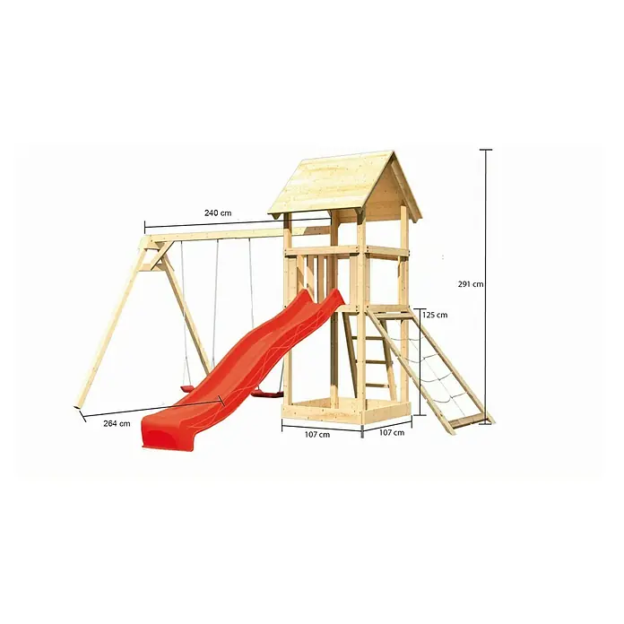 Karibu Kinderspielturm Lotti Set 32 - L x B x H: 264 x 347 x 291 cm, Natur/Rot - Holz-Spielturm mit Schaukel, Rutsche und Kletterwand. Ideal für den Garten mit den Maßen 291 x 240 x 264 cm.
