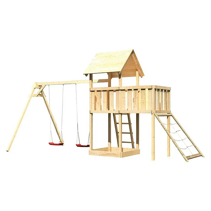 Karibu Kinderspielturm Lotti Set 43 - L x B x H: 264 x 454 x 291 cm, Natur - Abbildung eines Kinderspielhauses aus Holz mit Schaukeln, Leiter und Kletternetz vor einem schwarzen Hintergrund. Ideal für den Garten.