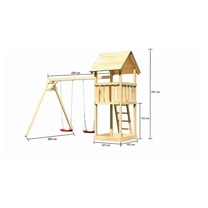 Karibu Kinderspielturm Lotti Set 4 - L x B x H: 264 x 347 x 291 cm, Natur - Abbildung eines hölzernen Spielhauses mit Schaukel und Turm. Perfekt für Kinder zum Spielen und Spaß haben im Garten.