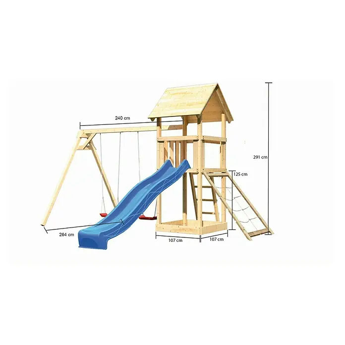 Karibu Kinderspielturm Lotti Set 31 - L x B x H: 264 x 347 x 291 cm, Natur/Blau - Produktansicht des hölzernen Kinderspielturms mit Schaukel und Rutsche. Der Spielturm hat auch einen Kletterbereich mit einer Leiter und einem Netz.