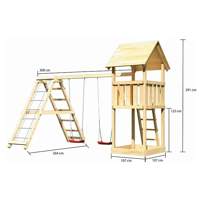 Karibu Kinderspielturm Lotti Set 5 - L x B x H: 264 x 415 x 291 cm, Natur - Abbildung eines hölzernen Spielplatzes mit Schaukeln, Klettergerüst und Spielturm, inklusive der Abmessungen für eine einfache Montage.