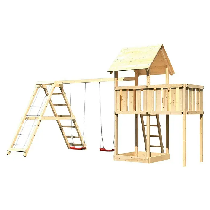 Karibu Kinderspielturm Lotti Set 20 - L x B x H: 264 x 522 x 291 cm, Natur - Holzspielplatz mit Schaukeln, Leiter und Turm. Der Spielplatz bietet Kindern vielfältige Spielmöglichkeiten im Freien und ist aus robustem Holz gefertigt.