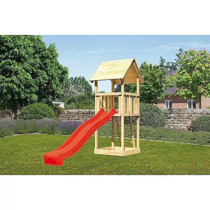Karibu Kinderspielturm Lotti Set 3 - L x B x H: 107 x 107 x 291 cm, Natur/Rot - Hölzerner Spielturm mit roter Rutsche.