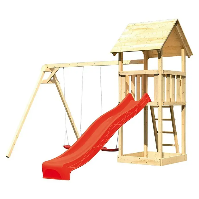 Karibu Kinderspielturm Lotti Set 10 - L x B x H: 264 x 347 x 291 cm, Natur/Rot - Ein hölzernes Spielhaus mit Schaukel und roter Rutsche, perfekt für Kinder zum Spielen im Freien.