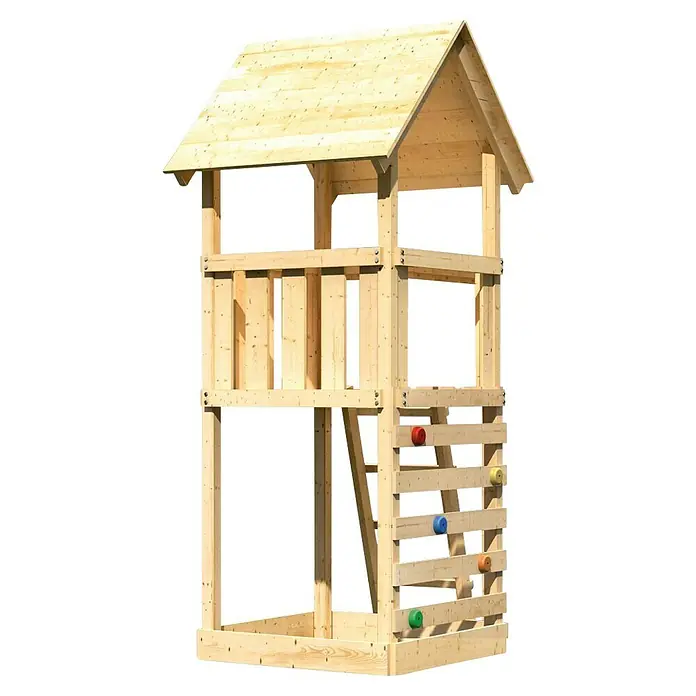 Karibu Kinderspielturm Lotti Set 8 - L x B x H: 107 x 107 x 291 cm, Natur - Bild eines hölzernen Spielturms mit Kletterwand und überdachtem Bereich, ideal für Kinder zum Spielen im Freien.