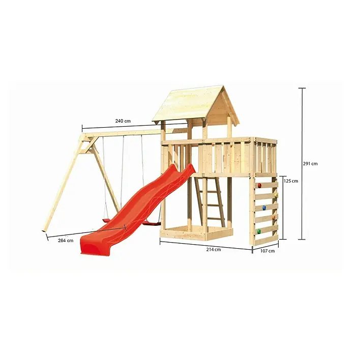 Karibu Kinderspielturm Lotti Set 52 - L x B x H: 264 x 454 x 291 cm, Natur/Rot - Abbildung eines Spielturms mit Schaukel, Rutsche und Kletterwand, mit Maßangaben versehen für detaillierte Größeninformationen.