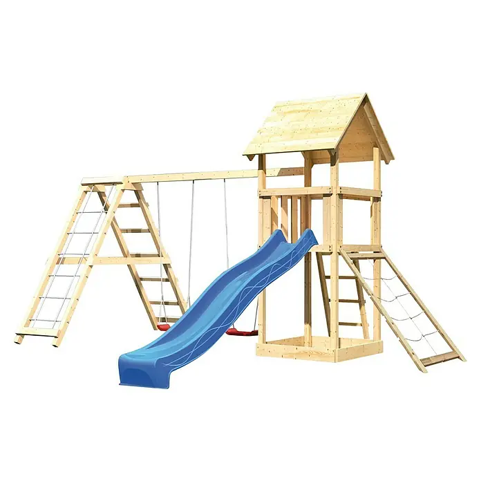 Karibu Kinderspielturm Lotti Set 33 - L x B x H: 264 x 415 x 291 cm, Natur/Blau - Spielturm mit Schaukel, Rutsche und Kletterwand. Der perfekte Spielplatz für Kinder im Garten.