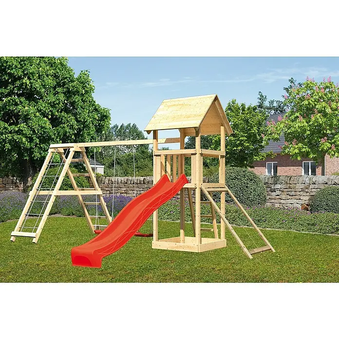 Karibu Kinderspielturm Lotti Set 34 - L x B x H: 264 x 371 x 291 cm, Natur/Rot - Hölzernes Spielgerüst mit Rutsche, Schaukel und Kletterleiter im Garten, ideal für Kinder zum Spielen und Austoben im Freien.