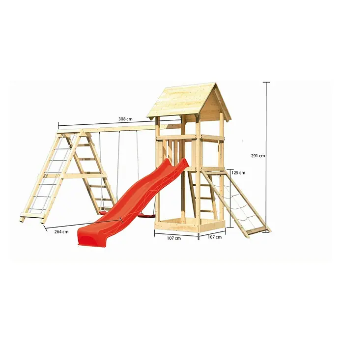 Karibu Kinderspielturm Lotti Set 34 - L x B x H: 264 x 371 x 291 cm, Natur/Rot - Abbildung eines Holzspielplatzes mit Rutsche, Schaukel und Kletterturm mit Größenangaben.