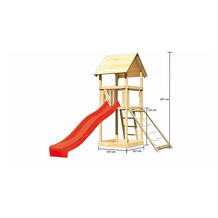 Karibu Kinderspielturm Lotti Set 16 - L x B x H: 107 x 107 x 291 cm, Natur/Rot - Abbildung eines Spielturms mit Rutsche und Leiter, komplett aus Holz gefertigt und mit Maßangaben versehen.