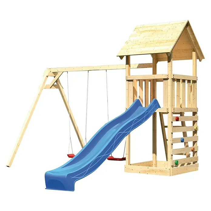 Karibu Kinderspielturm Lotti Set 35 - L x B x H: 264 x 347 x 291 cm, Natur/Blau - Eine detailreiche Aufnahme eines Spielturms mit Schaukel und Rutsche, ideal für den Garten und stundenlangen Spielspaß im Freien.