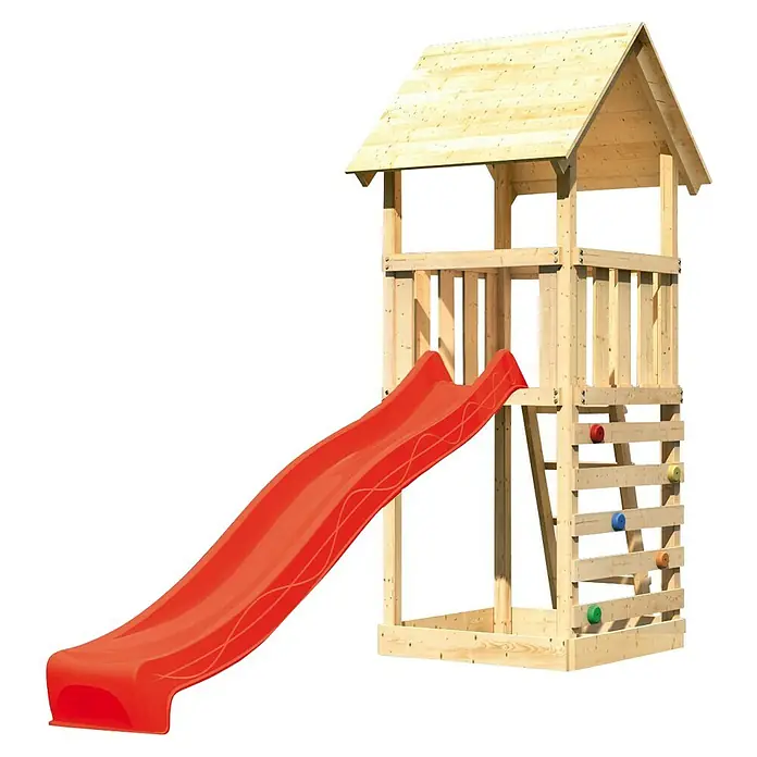 Karibu Kinderspielturm Lotti Set 18 - L x B x H: 107 x 107 x 291 cm, Natur/Rot - Spielturm mit Rutsche. Das hölzerne Spielhaus für den Garten bietet Klettermöglichkeiten und eine rote Rutsche für Kinder zum Austoben.