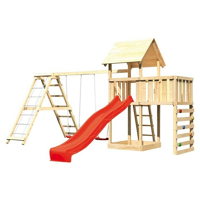 Karibu Kinderspielturm Lotti Set 54 (L x B x H: 264 x 522 x 291 cm, Natur/Rot) | BAUHAUS