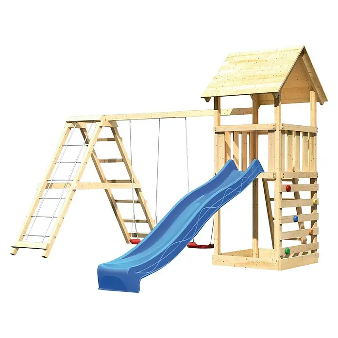 Karibu Kinderspielturm Lotti Set 37 - L x B x H: 264 x 415 x 291 cm, Natur/Blau - Ein hölzerner Spielplatz mit Rutsche, Schaukel und Kletterwand, ideal für stundenlangen Spaß im Freien.