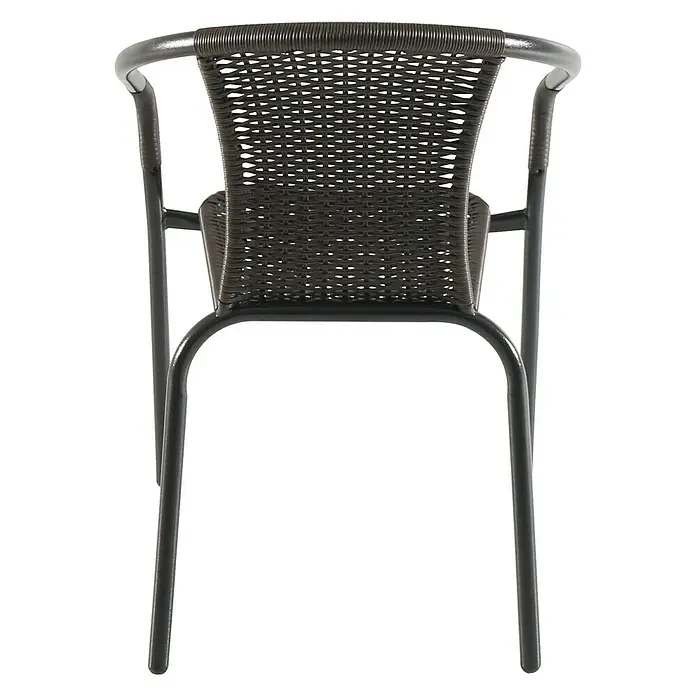 Sunfun Silla de jardín Melisa - Marrón, Acero/Ratán sintético, Apilable - Vista trasera de una silla de mimbre negra con estructura metálica y respaldo redondo. El mimbre es detallado, dando a la silla un toque elegante.
