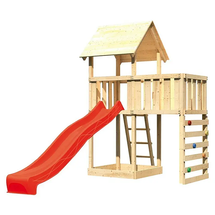 Karibu Kinderspielturm Lotti Set 42 - L x B x H: 107 x 214 x 291 cm, Natur/Rot - Spielturm mit Rutsche, Leiter und Kletterwand für Kinder. Ideal für den Garten und zum Austoben im Freien.