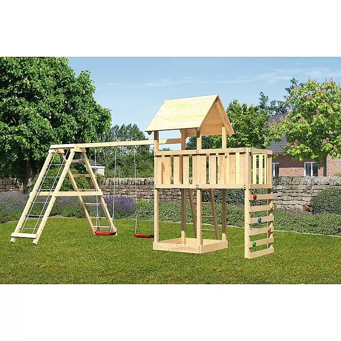 Karibu Kinderspielturm Lotti Set 46 - L x B x H: 264 x 522 x 291 cm, Natur - Hölzerner Spielturm mit Schaukeln, Seilleiter, Kletterwand und Spielhaus im Garten.