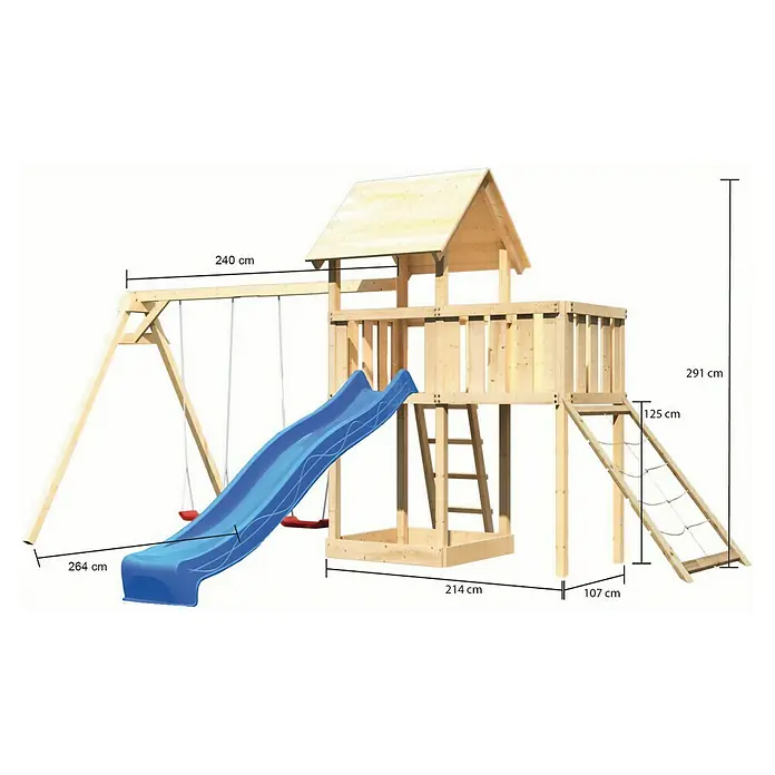 Karibu Kinderspielturm Lotti Set 47 - L x B x H: 264 x 454 x 291 cm, Natur/Blau - Abbildung eines Spielplatzes mit Rutsche, Schaukel und Klettergerüst mit Maßangaben.