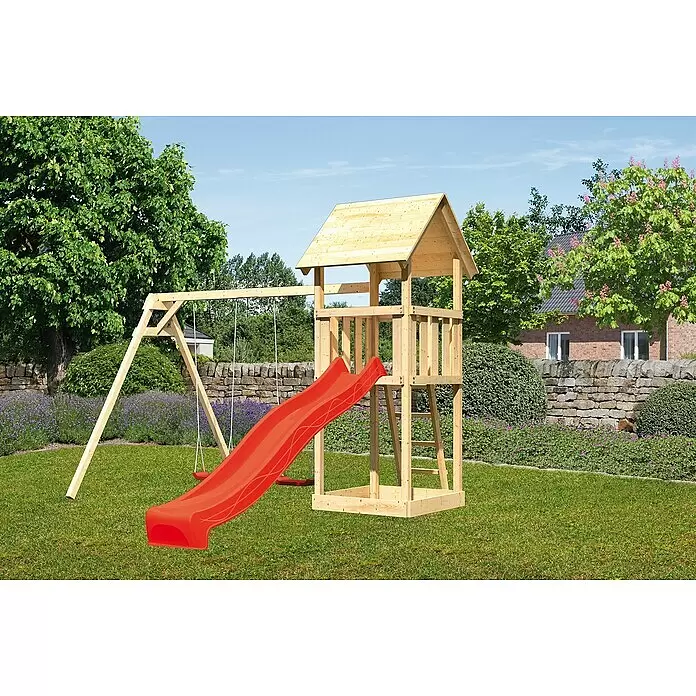 Karibu Kinderspielturm Lotti Set 10 - L x B x H: 264 x 347 x 291 cm, Natur/Rot - Spielturm aus Holz mit roter Rutsche und Schaukel.