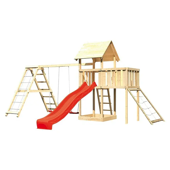 Karibu Kinderspielturm Lotti Set 50 - L x B x H: 264 x 522 x 291 cm, Natur/Rot - Holzspielplatz mit Schaukel, Rutsche und Kletterturm für Kinder zum Spielen im Garten.