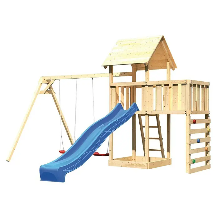 Karibu Kinderspielturm Lotti Set 51 - L x B x H: 264 x 454 x 291 cm, Natur/Blau - Kinderspielplatz mit Schaukeln, Rutsche, Kletterwand und Spielhaus für stundenlangen Spielspaß im Freien.