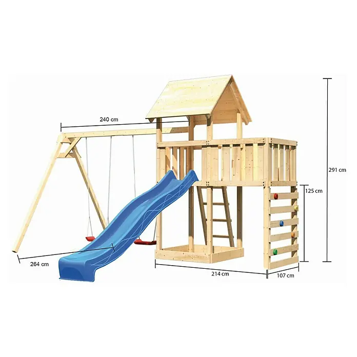 Karibu Kinderspielturm Lotti Set 51 - L x B x H: 264 x 454 x 291 cm, Natur/Blau - Abbildung eines Spielturms mit Schaukel, Rutsche, Kletterwand und Leiter. Die Maße des Spielturms sind in Zentimetern angegeben.