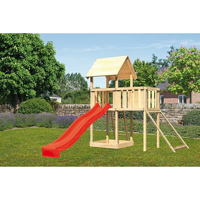 Karibu Kinderspielturm Lotti Set 40 (L x B x H: 107 x 214 x 291 cm, Natur/Rot) | BAUHAUS