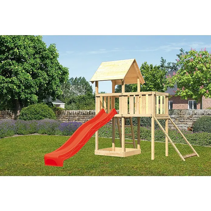 Karibu Kinderspielturm Lotti Set 40 - L x B x H: 107 x 214 x 291 cm, Natur/Rot - Ein Holzspielturm mit roter Rutsche steht auf einer grünen Wiese im Garten. Der Spielturm bietet Spiel und Spaß im Freien.