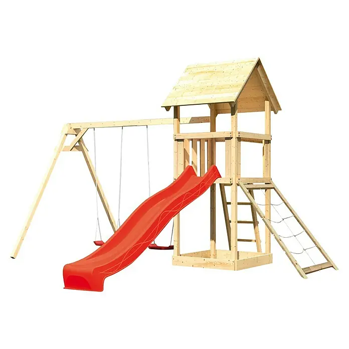 Karibu Kinderspielturm Lotti Set 32 - L x B x H: 264 x 347 x 291 cm, Natur/Rot - Ein hölzernes Spielgerüst mit Schaukeln, Rutsche und Kletterwand für Kinder zum Spielen im Freien.