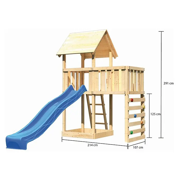 Karibu Kinderspielturm Lotti Set 41 - L x B x H: 107 x 214 x 291 cm, Natur/Blau - Produktansicht des Spielturms aus Holz mit blauer Rutsche, Kletterwand und Sandkasten mit den Maßen 291 cm Höhe, 214 cm Breite und 107 cm Tiefe.
