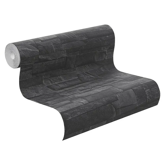 Rasch Vliestapete Steinoptik - Grau, 3D-Optik, 10,4 x 0,53 m - Schwarzgraue Tapete mit Steinmuster im Rollenformat. Perfekt für eine moderne Wandgestaltung mit rustikalem Touch.