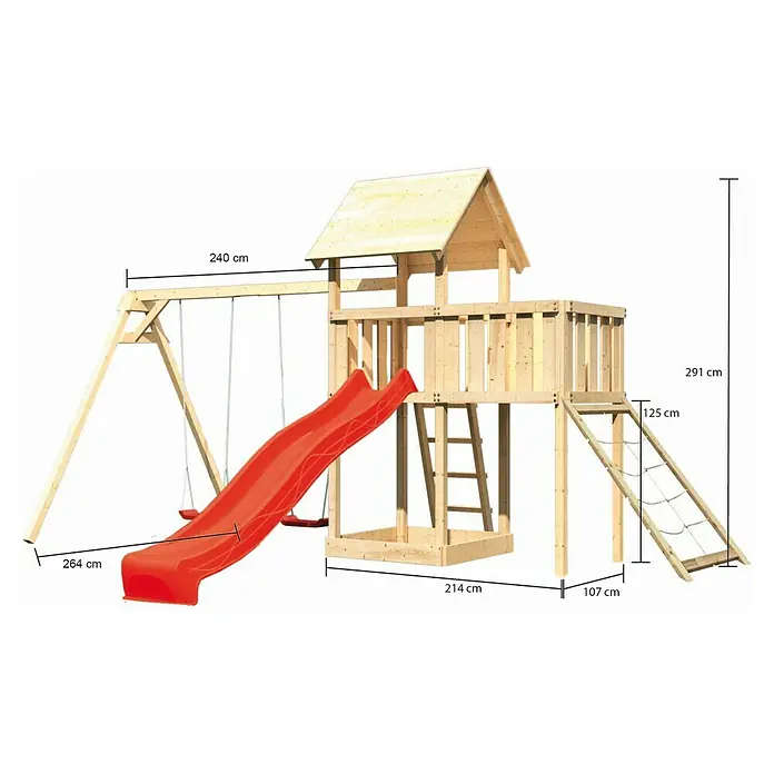 Karibu Kinderspielturm Lotti Set 48 - L x B x H: 264 x 454 x 291 cm, Natur/Rot - Abbildung eines Spielturms mit Schaukel, Rutsche, Leiter und Kletterwand. Er ist aus Holz gefertigt und mit roten Akzenten versehen.