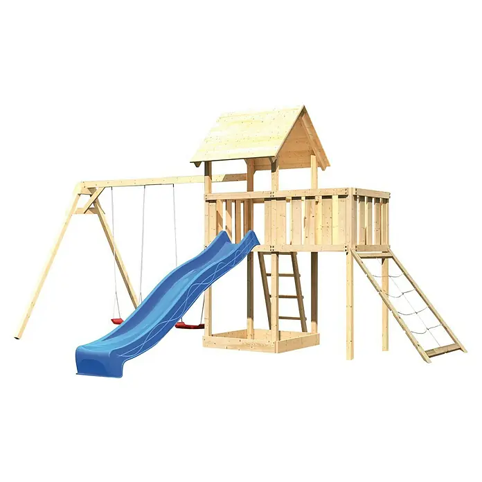 Karibu Kinderspielturm Lotti Set 47 - L x B x H: 264 x 454 x 291 cm, Natur/Blau - Holzspielplatz mit Schaukeln, Rutsche und Klettergerüst für Kinder zum Spielen und Toben im Garten.