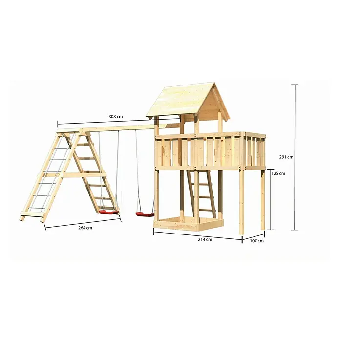 Karibu Kinderspielturm Lotti Set 20 - L x B x H: 264 x 522 x 291 cm, Natur - Abbildung eines Holzspielplatzes mit Schaukel und Kletterturm, versehen mit Maßangaben zur Veranschaulichung der Dimensionen.